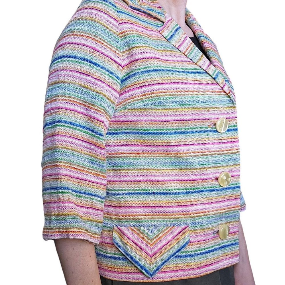 Vintage 60s 70s‎ Rainbow Striped Blazer Jacket Small Big Buttons Colorful Pink - Picture 6 of 14